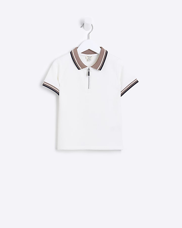 Mini Boys White Tipped Textured Polo Shirt