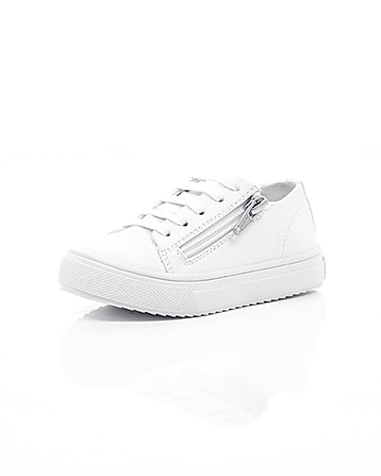 360 degree animation of product Mini boys white zip side lace-up trainers frame-0