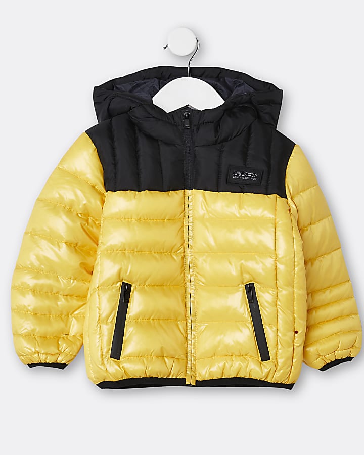 Mini boys yellow hooded puffer coat