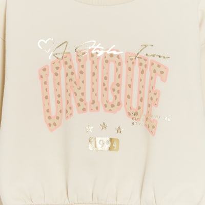 Mini girls beige animal print sweatshirt set