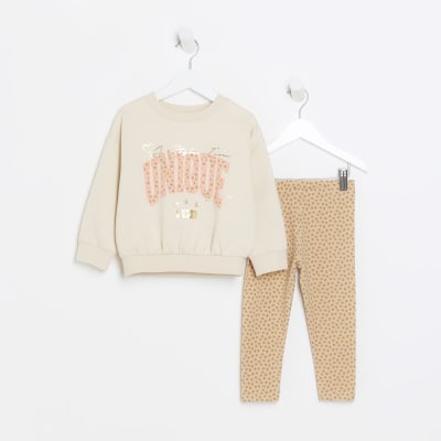 Mini girls beige animal print sweatshirt set | River Island