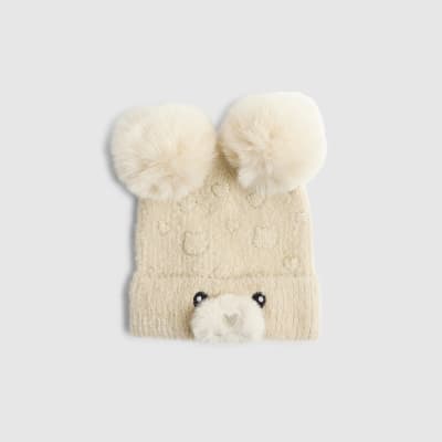 Mini Girls Beige Bear Beanie Hat