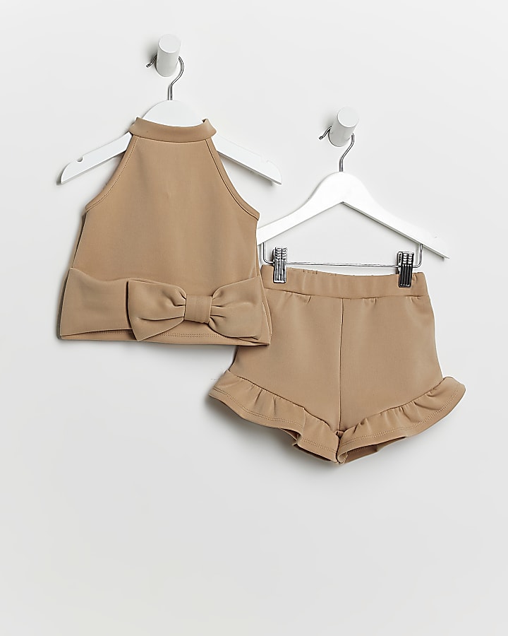Mini girls beige bow cami and shorts outfit River Island Girls Clothing Tops Camisoles 