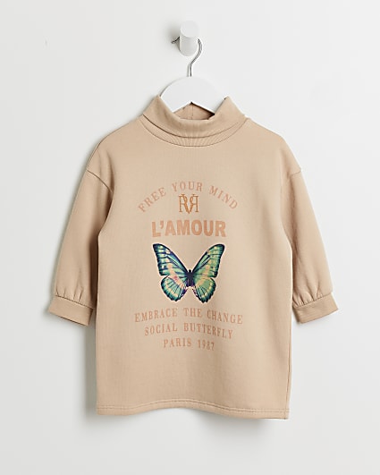 Mini girls beige butterfly sweater dress
