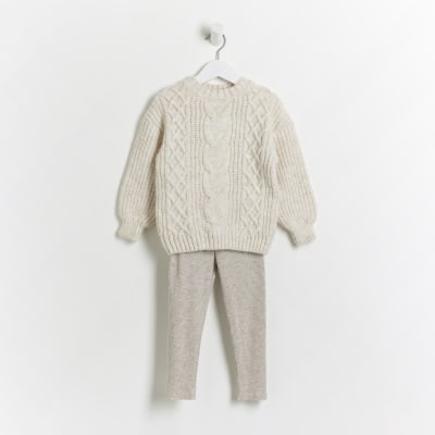 Mini Girls Beige Cable Knit Jumper Outfit
