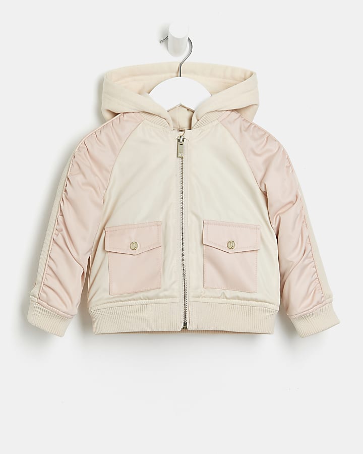 Mini girls beige colour block bomber jacket