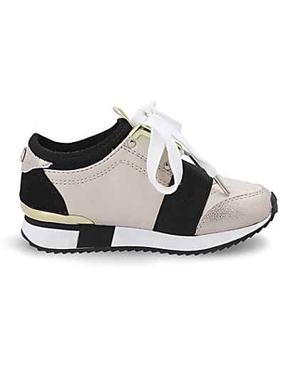 360 degree animation of product Mini girls beige elasticated runner trainers frame-15