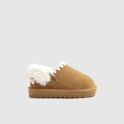 Mini Girls Beige Faux Fur Trim Strap Slippers