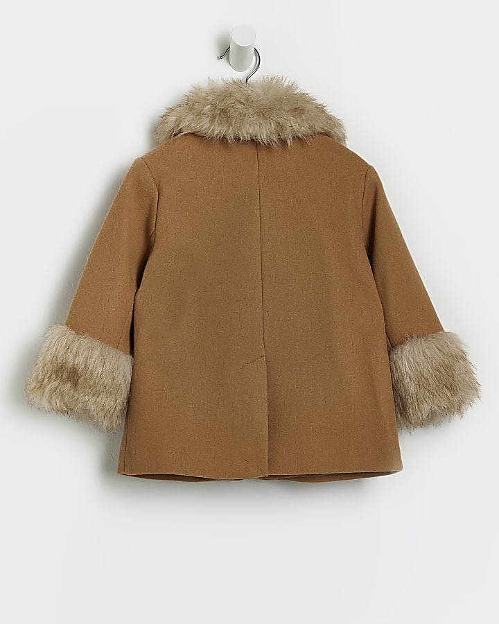 Mini Girls Beige Faux Fur Trim Woolen Coat