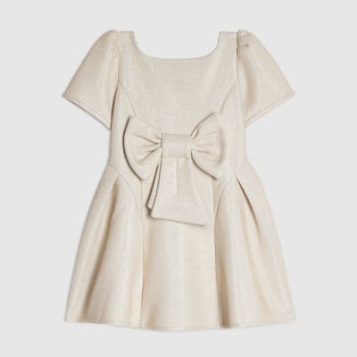 Mini Girls Beige Glitter Bow Premium Dress