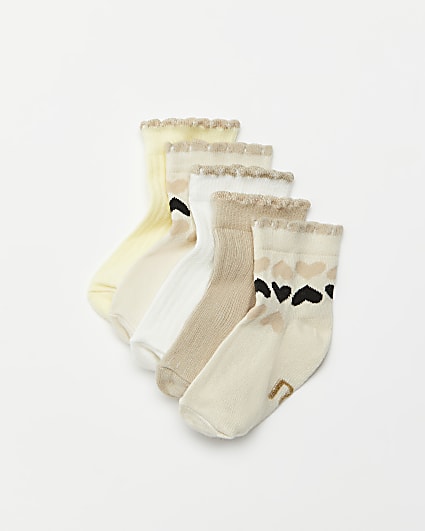 Mini girls beige heart print socks 5 pack