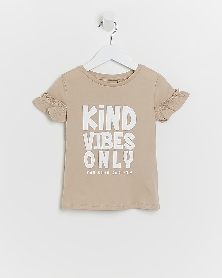 Mini girls Beige 'Kind Vibes' frill t-shirt