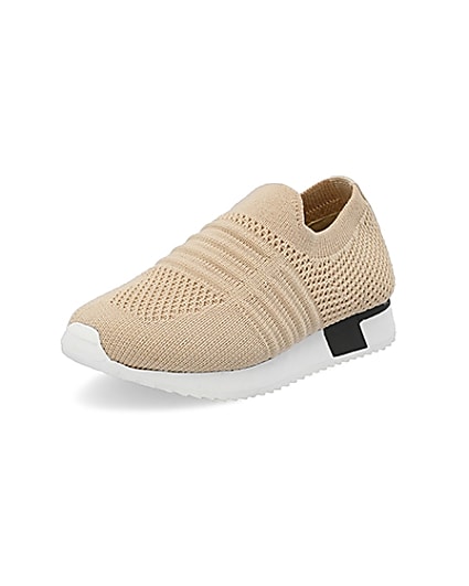 360 degree animation of product Mini girls beige knit runner trainers frame-0