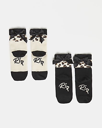 Mini girls beige leopard bow socks 2 pack