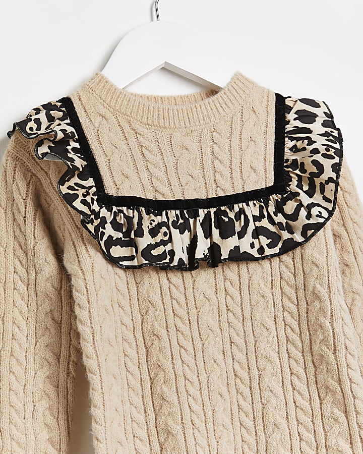 Mini girls beige leopard cable knit dress