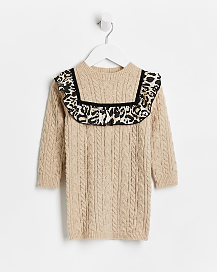Mini girls beige leopard cable knit dress
