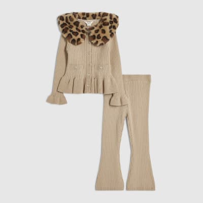 Mini Girls Beige Leopard Print Fur Collar Set
