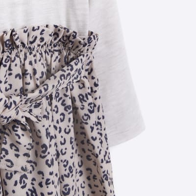 Mini Girls Beige Leopard Print T-shirt Dress