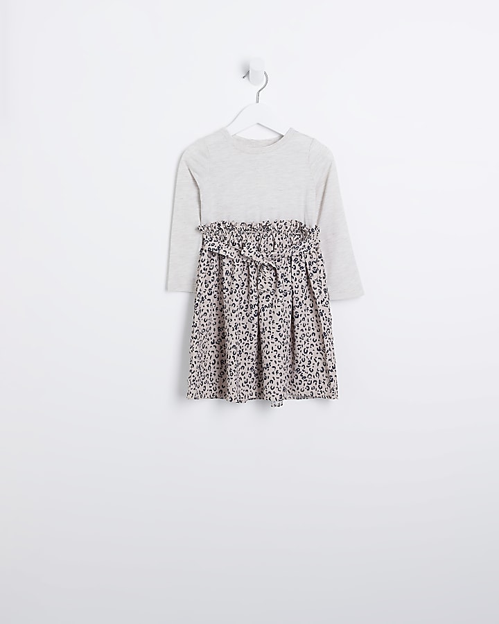 Mini Girls Beige Leopard Print T-shirt Dress