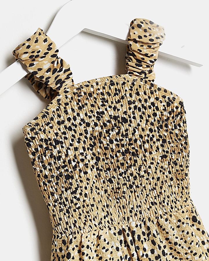 Mini girls beige leopard ruched playsuit