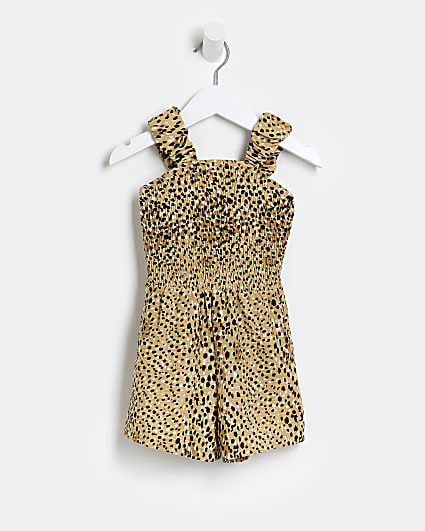 Mini girls beige leopard ruched playsuit