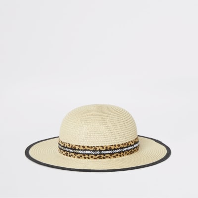 Mini girls beige leopard trim straw hat