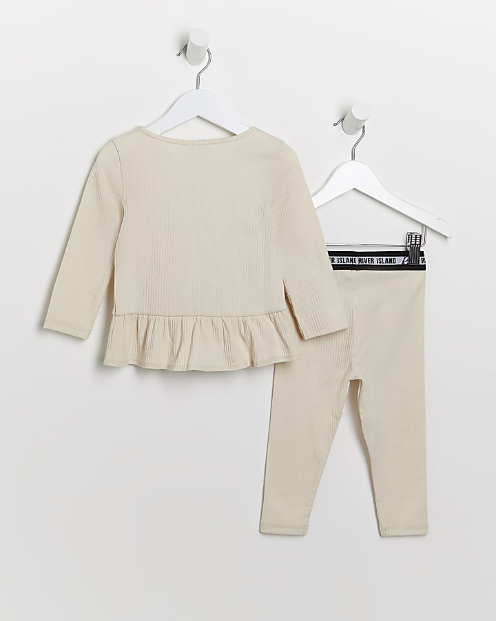 Mini girls beige peplum top and leggings set