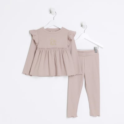 Mini girls beige rib peplum top set | River Island