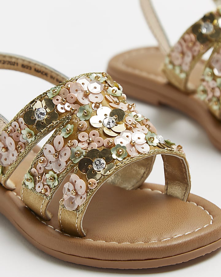 Mini girls beige sequin leather sandals