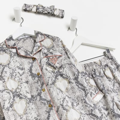 Mini Girls Beige Snake Print Satin Pyjama Set