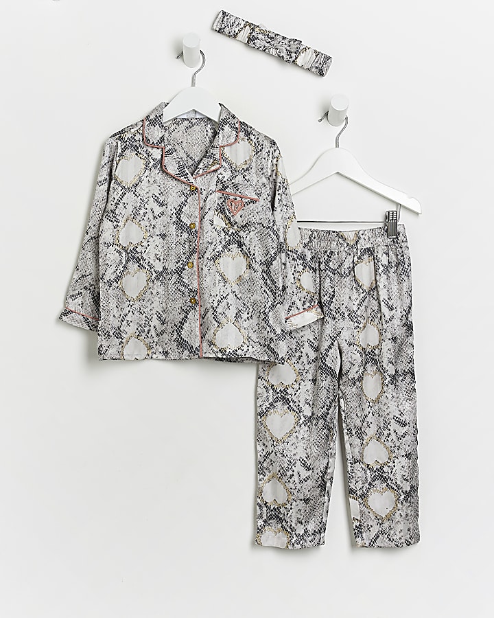 Mini Girls Beige Snake Print Satin Pyjama Set