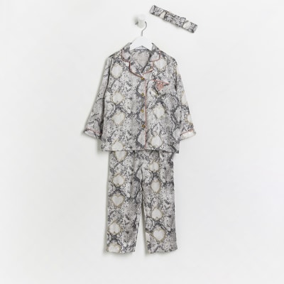 Mini Girls Beige Snake Print Satin Pyjama Set