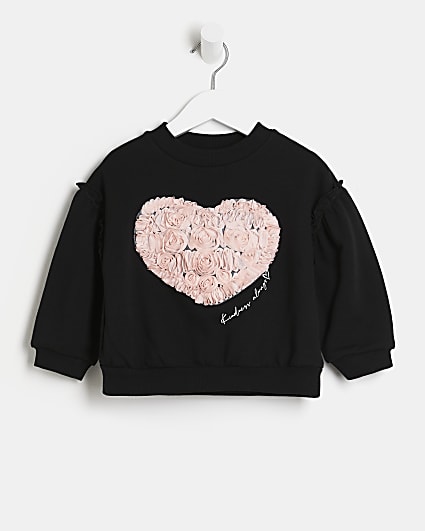 Mini girls black 3D flower heart sweatshirt
