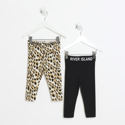 Mini girls black animal print leggings 2 pack