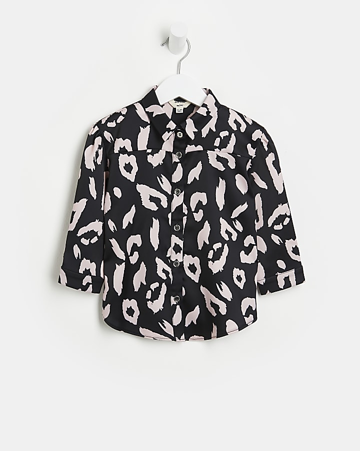 Mini girls black animal print satin shirt