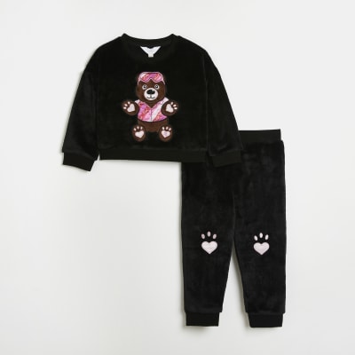 Mini girls black bear cosy loungewear set River Island