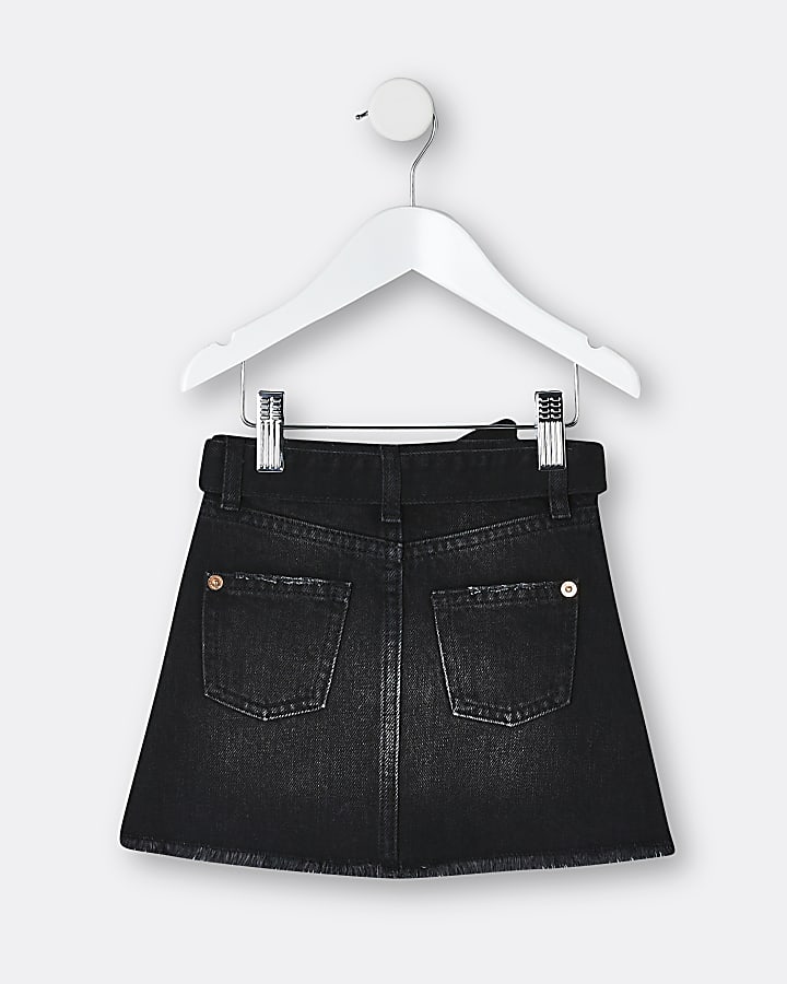 Mini girls black belted denim skirt