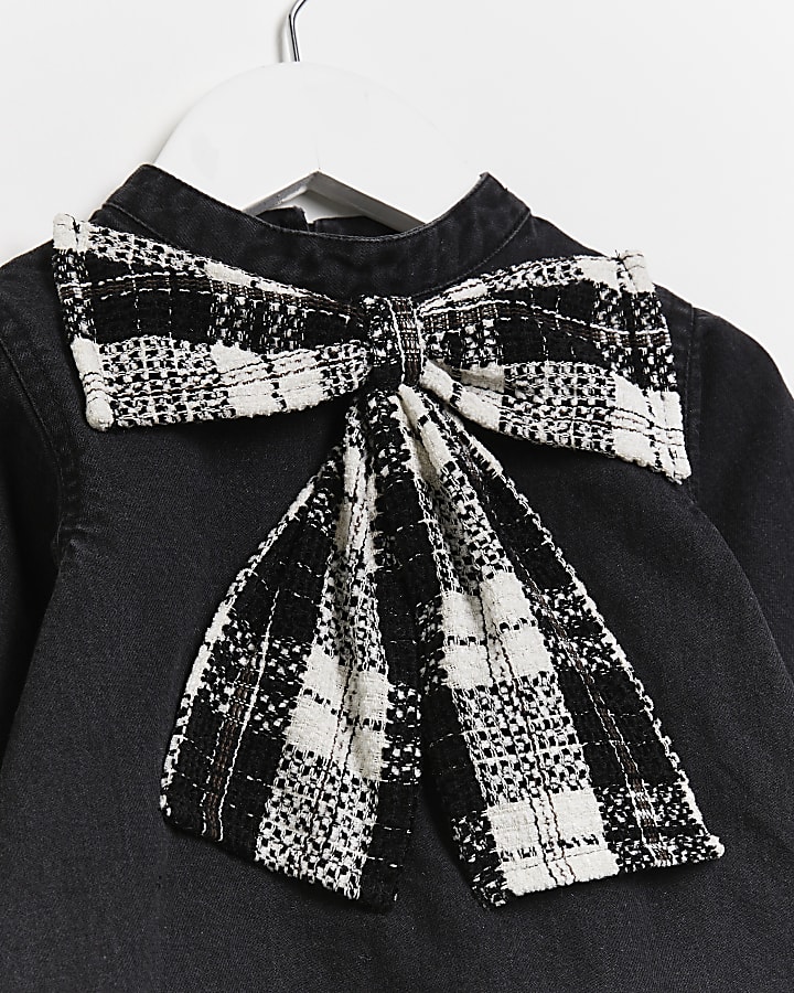 Mini girls black boucle bow denim blouse top