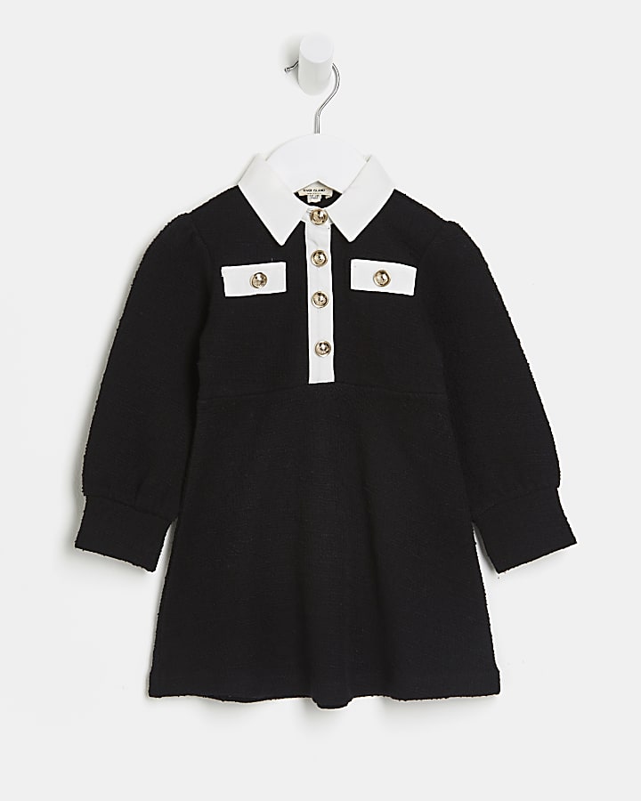 Mini girls black boucle collar dress