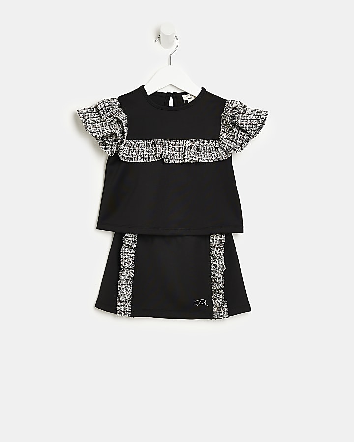 Mini Girls Black Boucle Frill Skirt Set