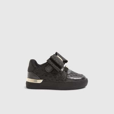 Mini Girls Black Bow Glitter Trainers River Island