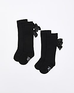 Mini girls black bow knee high socks 2 pack