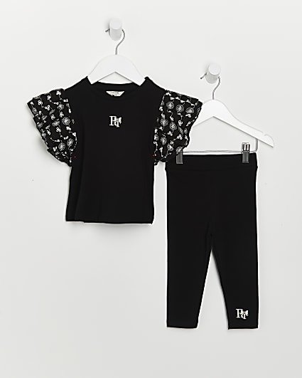 Mini girls black broderie t-shirt outfit
