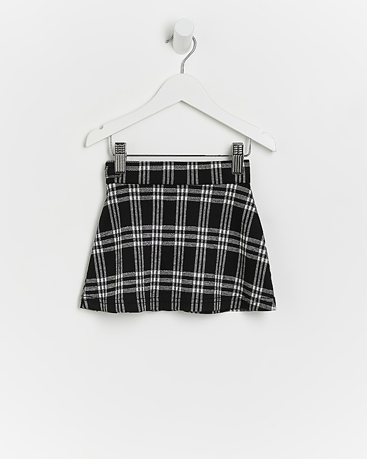 Mini girls black check buckle pleat skirt