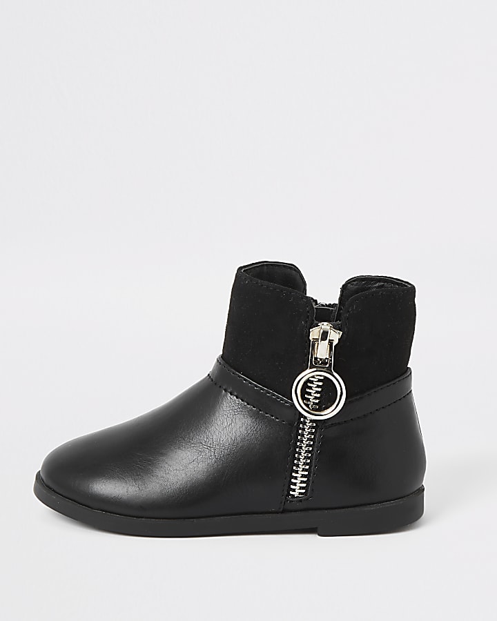 Mini girls black circle side zip boots