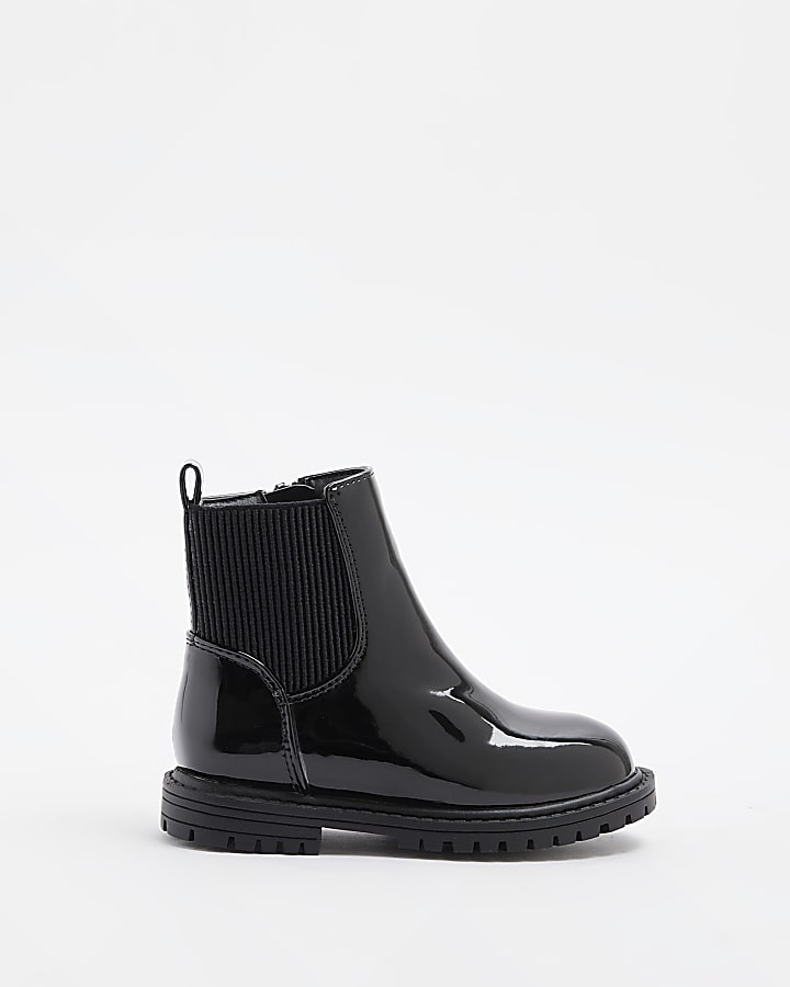 Mini girls Black Cleated patent Chelsea Boots