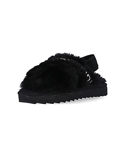 360 degree animation of product Mini Girls Black Crossover Faux Fur Slippers frame-0