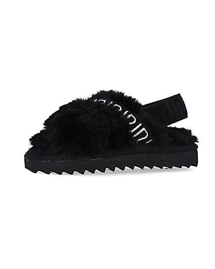 360 degree animation of product Mini Girls Black Crossover Faux Fur Slippers frame-2