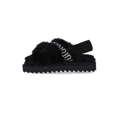360 degree animation of product Mini Girls Black Crossover Faux Fur Slippers frame-3