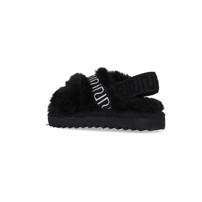 360 degree animation of product Mini Girls Black Crossover Faux Fur Slippers frame-5